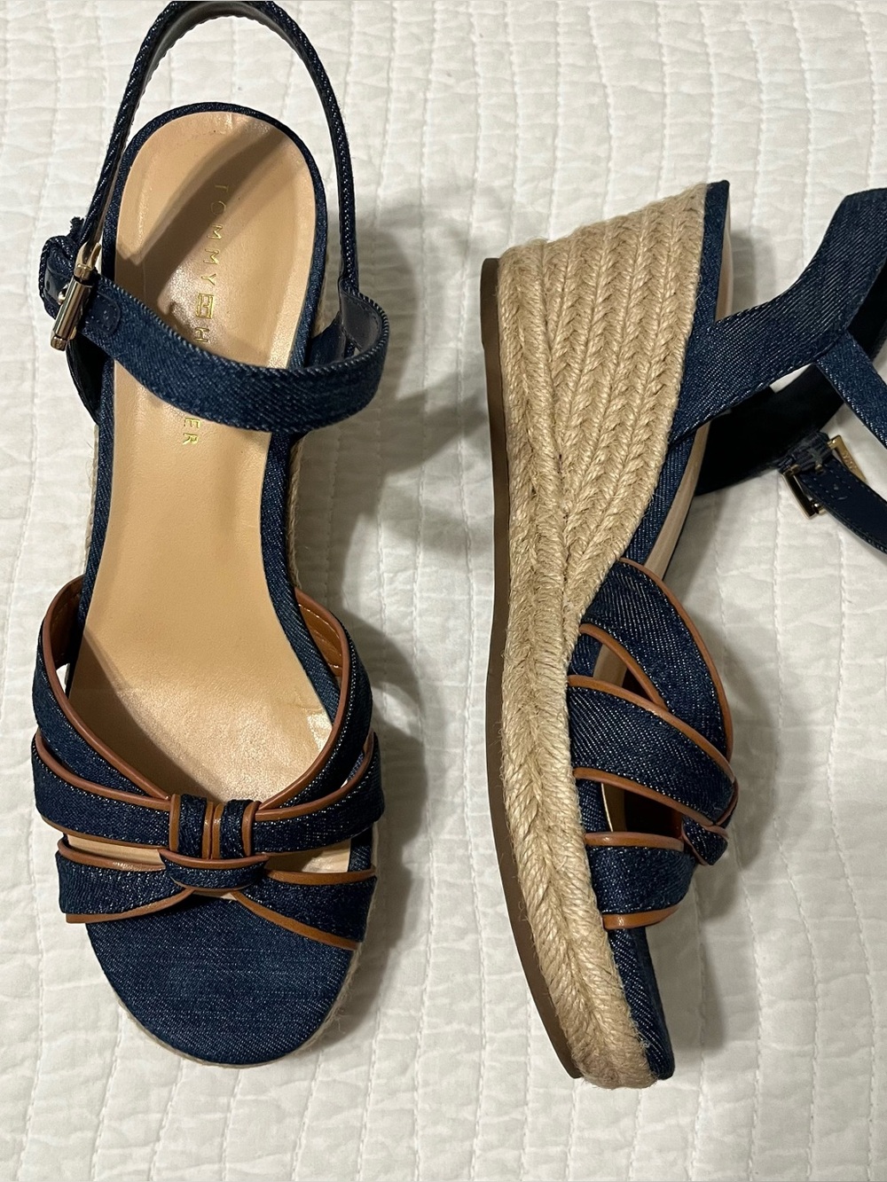 Denim blue with brown trim espadrilles. Tommy Hilfiger 8.5
